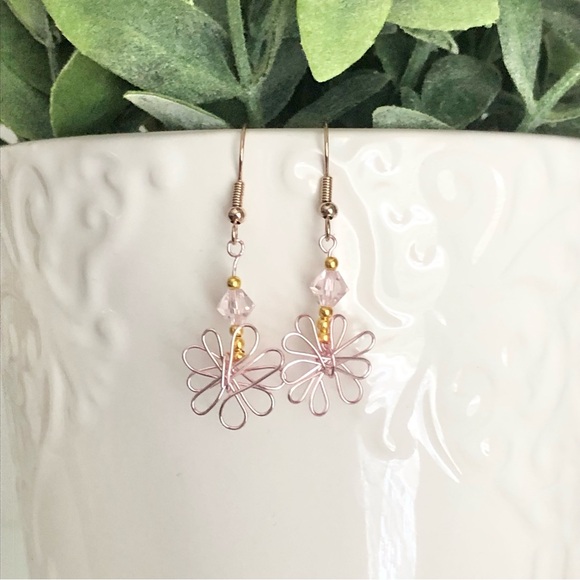New Wrapped Wire Daisy Flower Dangling Earrings Glass Crystal Rose Gold Coloured - Picture 6 of 8